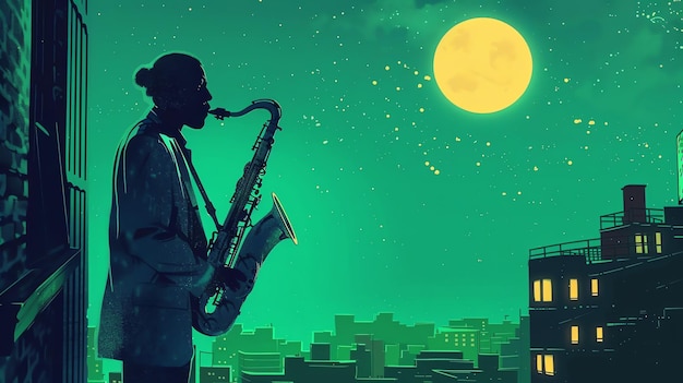 A musician plays the saxophone on a rooftop at night The full moon shines brightly in the background The city lights twinkle in the distance