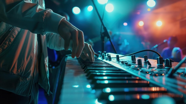 Musician plays on stage in a music club performing favorite tunes and delighting the audience with their talent