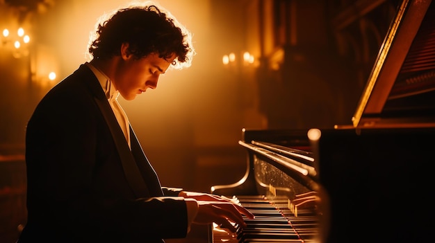 Photo a musician practicing diligently on a grand piano in a dimly lit room their focused expression reflecting the discipline required to master the craft