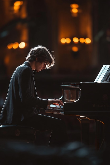 Photo a musician skillfully plays the piano under focused lighting in a dark and atmospheric concert hall