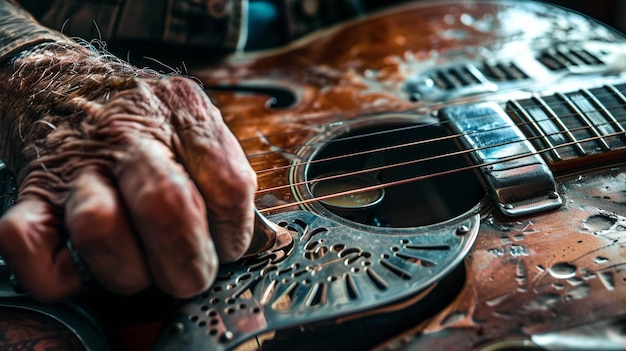 Photo a musicians hand playing slide on a resonator guitar