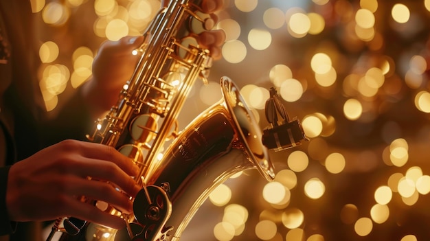 A musicians hands play a saxophone with warm golden bokeh lights in the background capturing the essence of a soulful performance