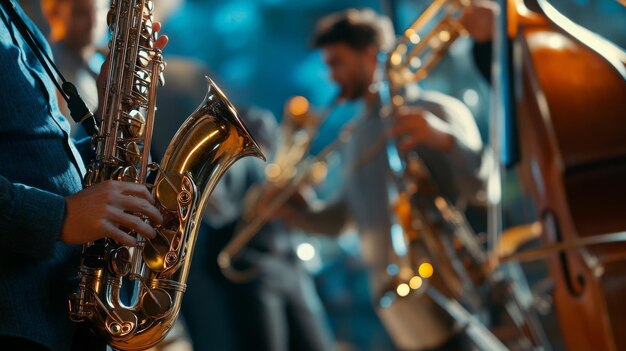 Photo musicians performing jazz on stage with saxophone and brass instruments in lively setting