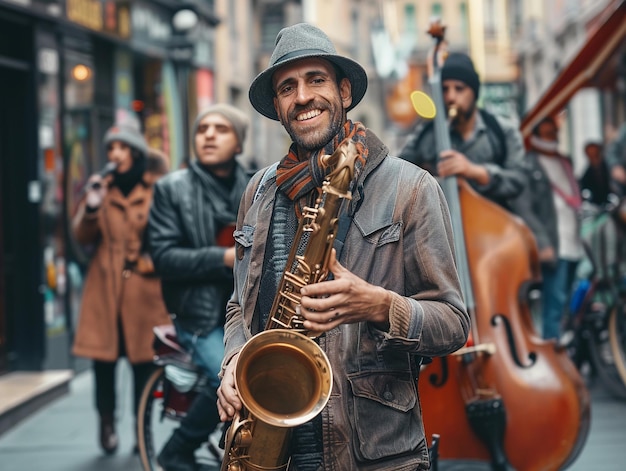 Photo musicians performing jazz on a vibrant city street during a lively afternoon in autumn