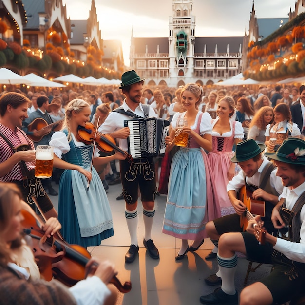 Musicians played traditional Bavarian tunes as people danced in colorful dirndls and lederhosen at a