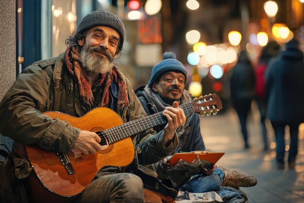 Photo musicians playing guitar on street creating warm atmosphere