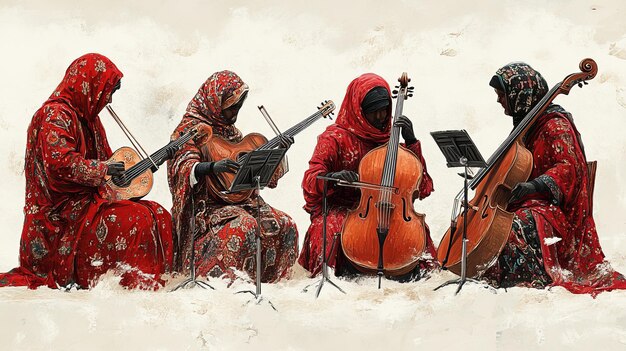 Musicians playing musical instruments on a white background Digital painting illustration