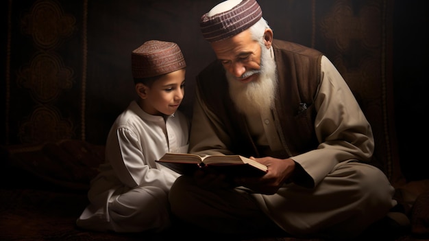 Muslim Arabic father and son reading the Quran