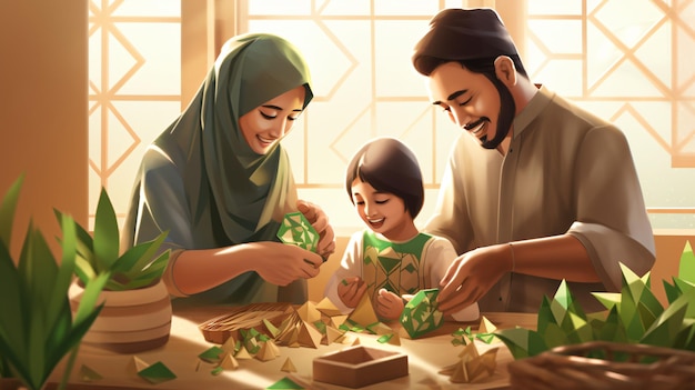 Muslim Asian family making ketupat for Eid