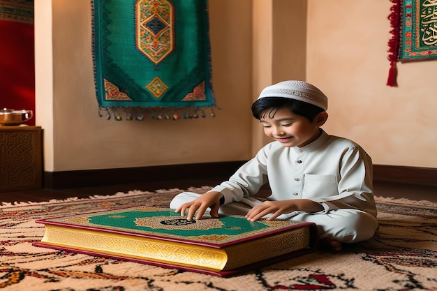 Photo muslim asian kid reading quran