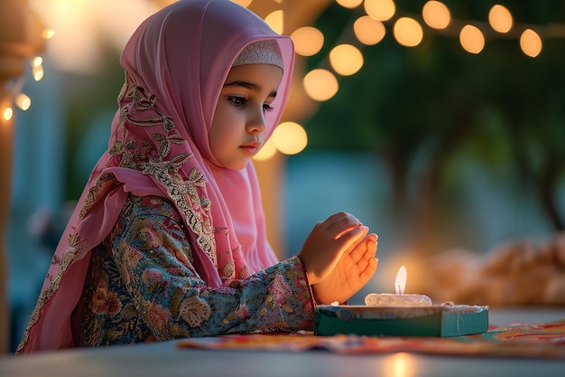 Muslim beautiful girl wearing hijab and lighting Islamic Arabic lamp at home generative ai