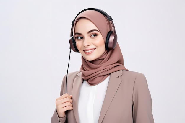 A Muslim beautiful woman wearing headphones and smiling isolated on white background