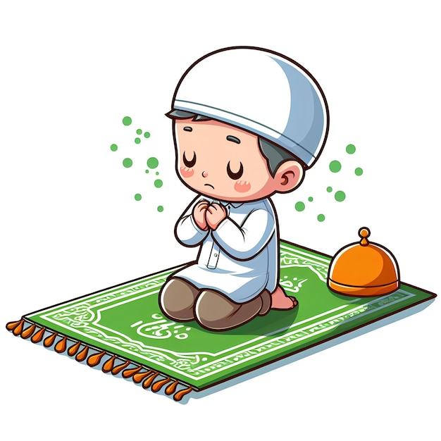 a muslim boy is praying cartoon style on a white background