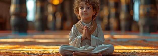 A Muslim boy is worshipping and praying in the mosque for Eid alFitr and fasting