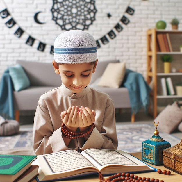 Muslim boy learning how to make dua to Allah