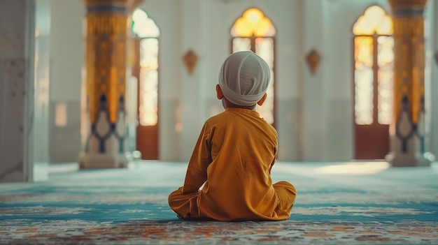 Muslim boy praying inside the quiet mosque Ramadan Kareem background Islam religion