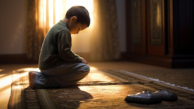 Muslim boy praying on a rug at home