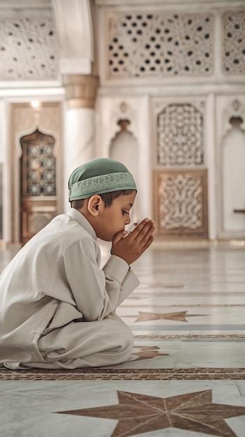 Photo a muslim boy prays after prayer in ramadan month