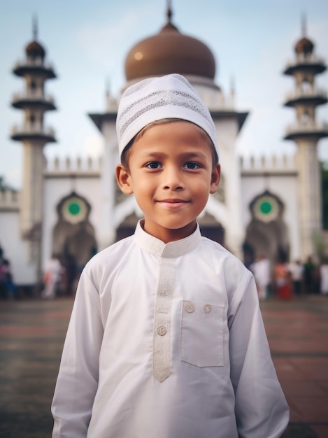 A muslim boy wearing white clothes and a prayer cap in front of a mosque