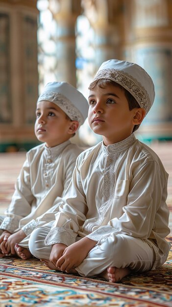 Photo muslim boys in white prayer caps at mosque