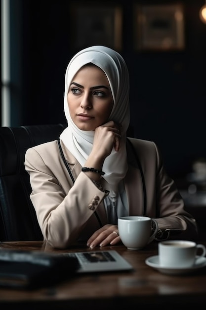 Muslim business lady with coffee cup ai generative