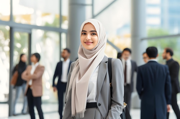 muslim business woman smile business building background