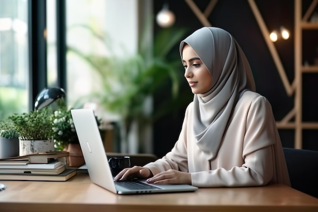 Muslim Businessman Working Indoors in Front of Laptop Professional Remote Work Concept