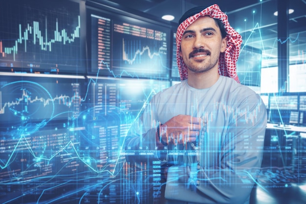 Muslim businessman working with floating data visualization screen