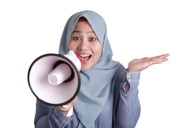 Muslim Businesswoman Calling or Offering Something with Megaphone Advertising Marketing Concept