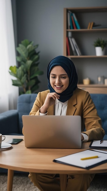 Muslim businesswoman using laptop talk to colleague about plan by video call brainstorm online meet