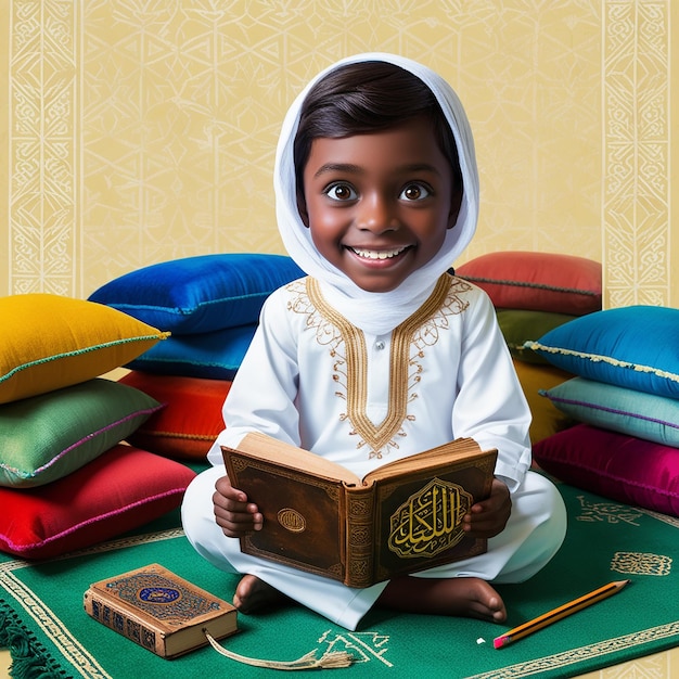 Photo a muslim cartoon boy reading a book