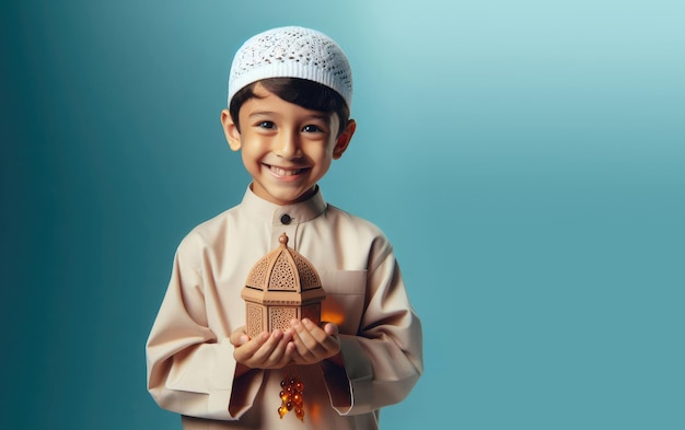 A Muslim child kid celebrating traditional Ramadan Eid Mubarak on a green background Copy space f