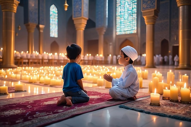 Muslim child or men prayer to worship Allah in holy temple or mosque with gratitude as a family on Ramadan