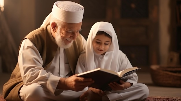 Muslim children kid and old man teaching