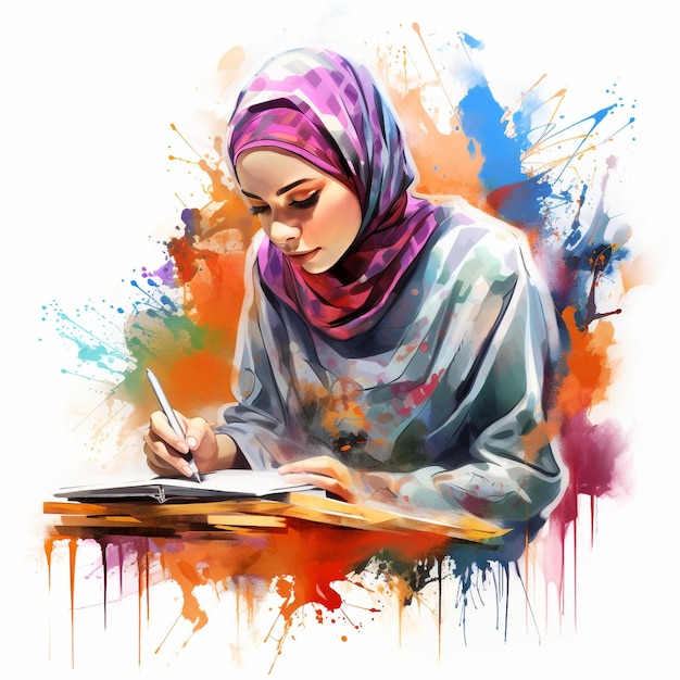 Photo muslim college girl writing with splash colour and white background