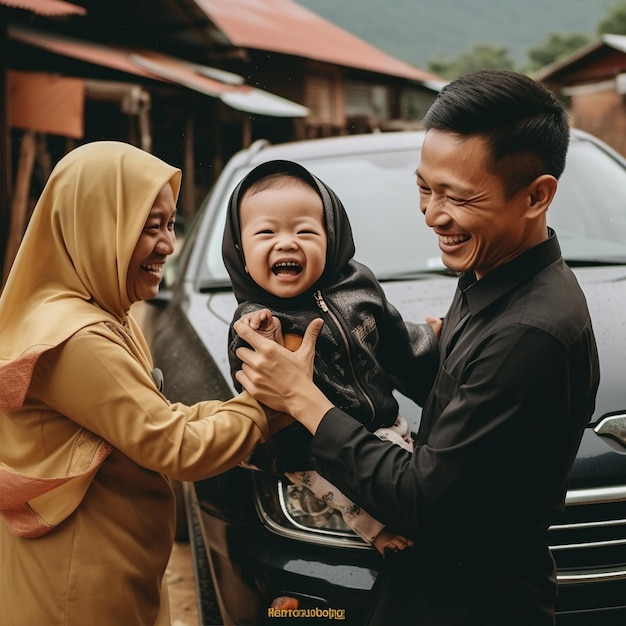 A muslim corean family laughing with child