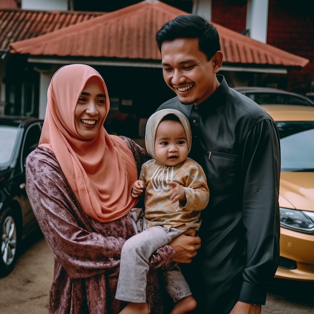 A muslim corean family laughing with child