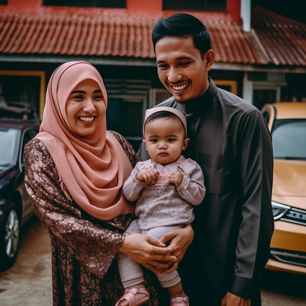 A muslim corean family laughing with child