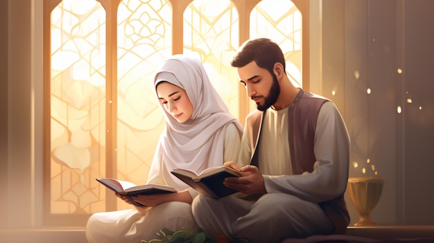 Muslim couple reading and studying the Quran