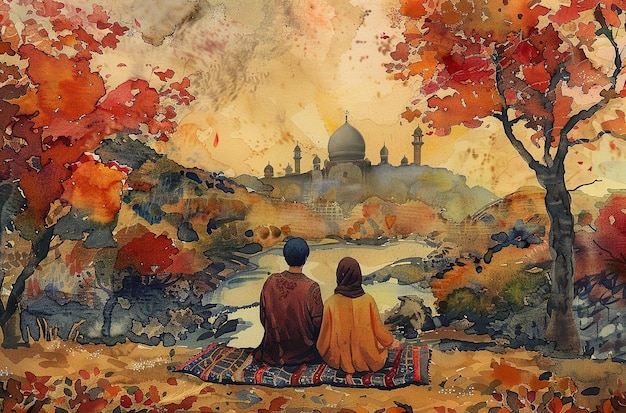 A Muslim couple sitting near river with painting style landscape art painting river painting couple