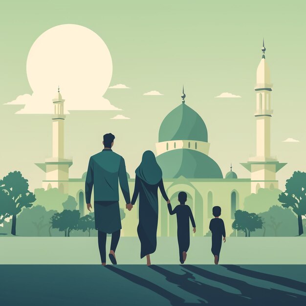 Muslim couple vector illustration with mosque silhouette background for Eid