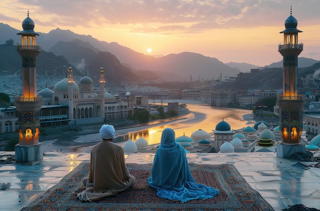 Muslim couple watching sunset with beautiful mosque and mountain