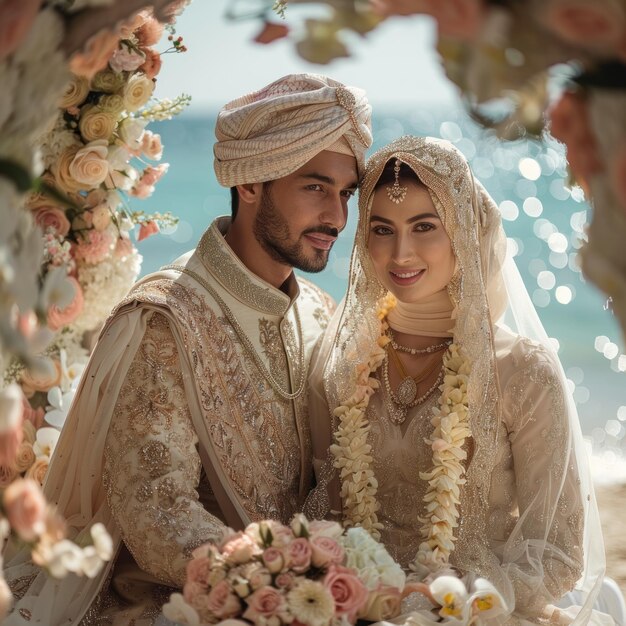 Photo a muslim couple wedding on the beach wearing a hijab wearing strong islamic culture