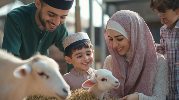 Photo muslim family having a fun and joyful day at the petting zoo with animals and children