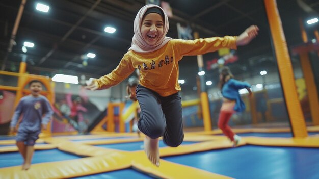 Photo muslim family having a wonderful time together enjoying a fun day at a trampoline park