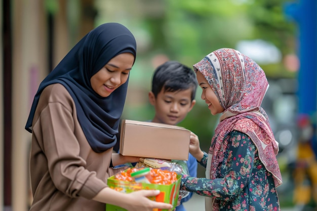 Muslim family holding a donation box full of food and money helping people in need