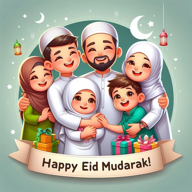 Muslim family hugging and whishing Eid Mubarak celebration background