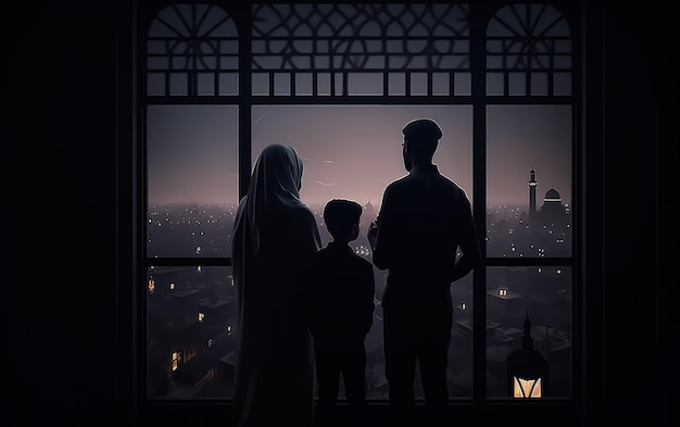 muslim family looking out window with mosque at night sky view in outside