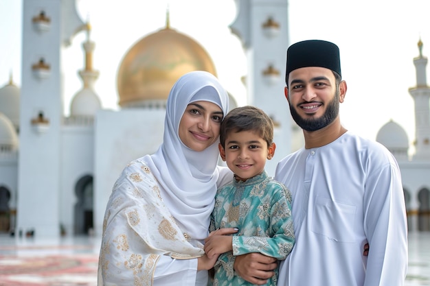 Muslim family smiling to camera in front of mosque