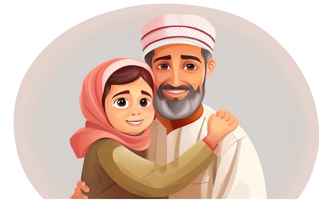 Muslim Father hugging her son cartoon on white background